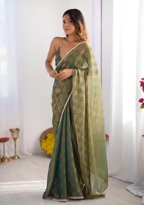 Green Wevon Chex Designer,Lace Chiffon Saree Set