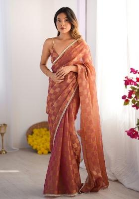 Rust Brown Wevon Chex Designer,Lace Chiffon Saree Set