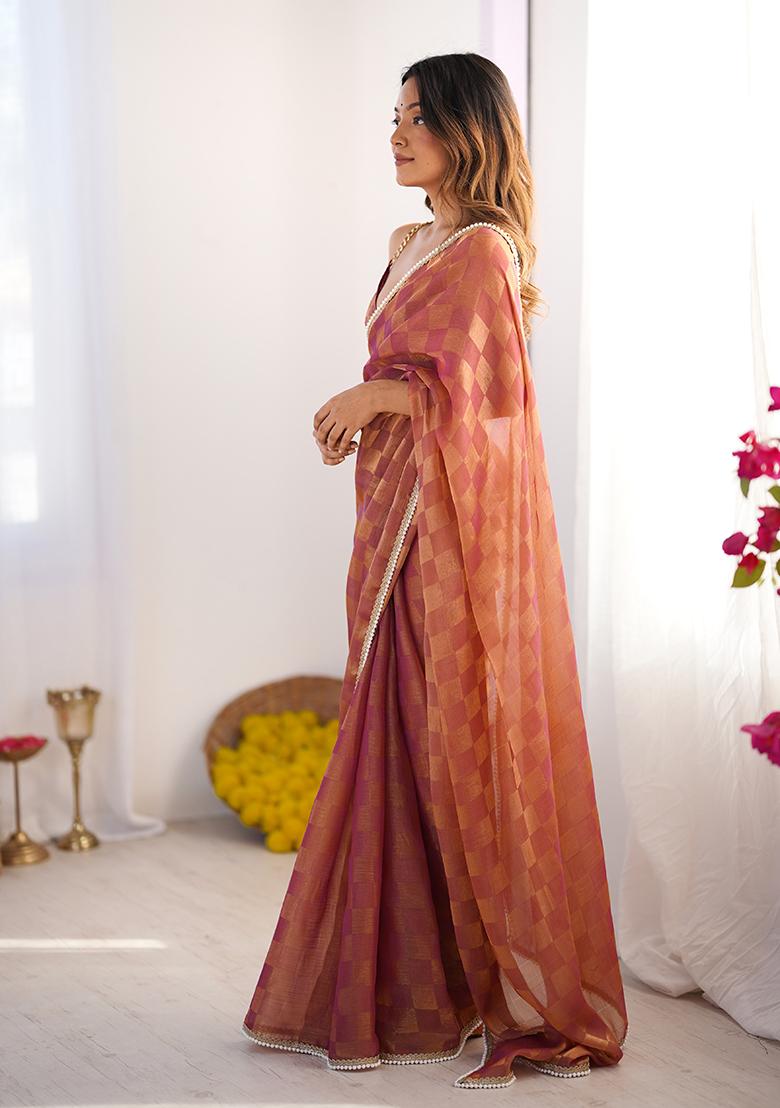 Rust Brown Wevon Chex Designer,Lace Chiffon Saree Set