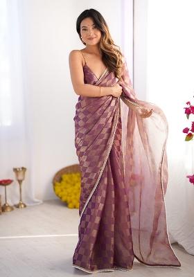 Purple Wevon Chex Designer,Lace Chiffon Saree Set
