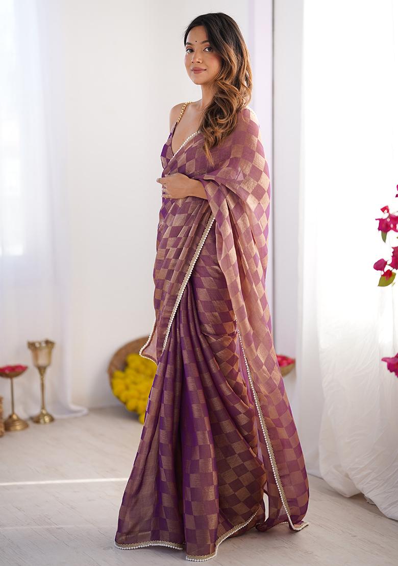 Purple Wevon Chex Designer,Lace Chiffon Saree Set