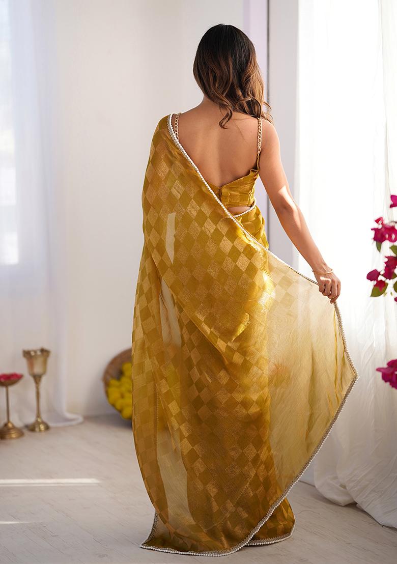 Mustard Yellow Wevon Chex Designer,Lace Chiffon Saree Set