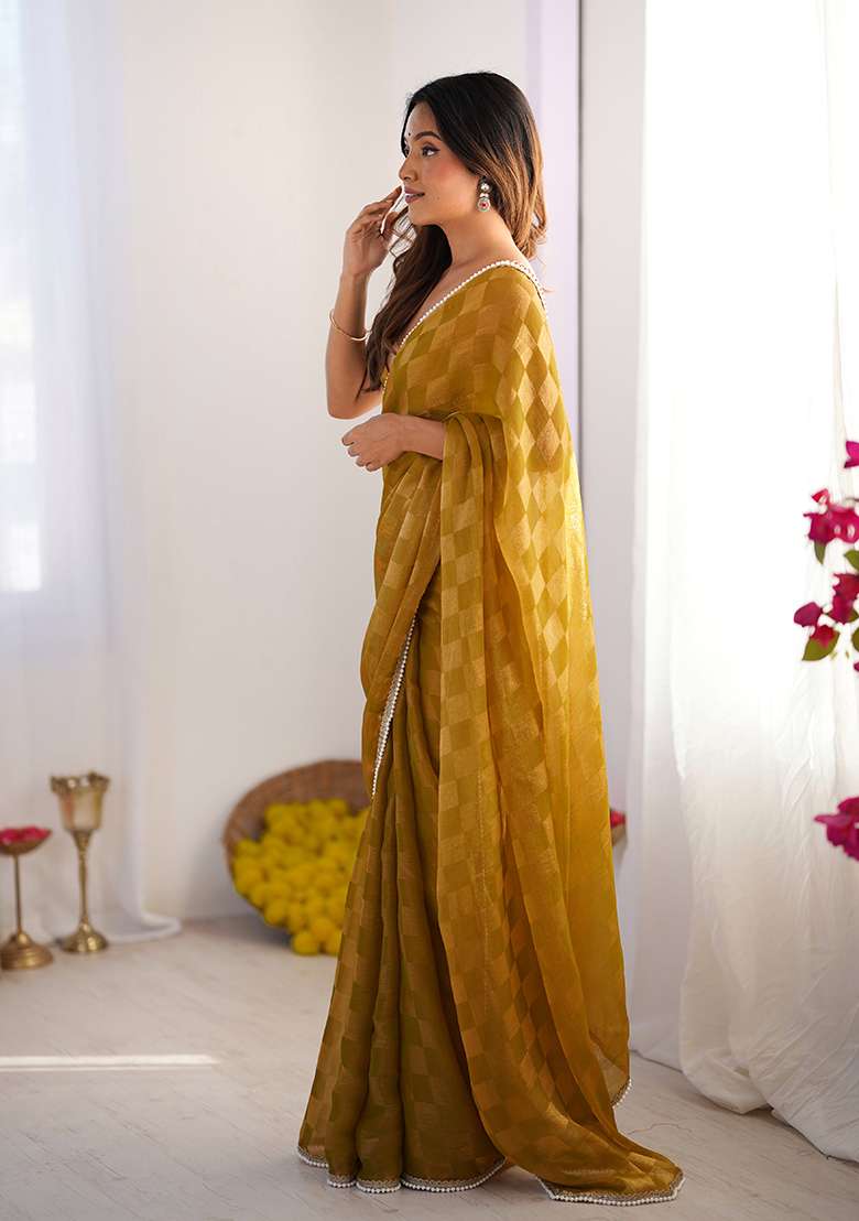 Mustard Yellow Wevon Chex Designer,Lace Chiffon Saree Set - Indya
