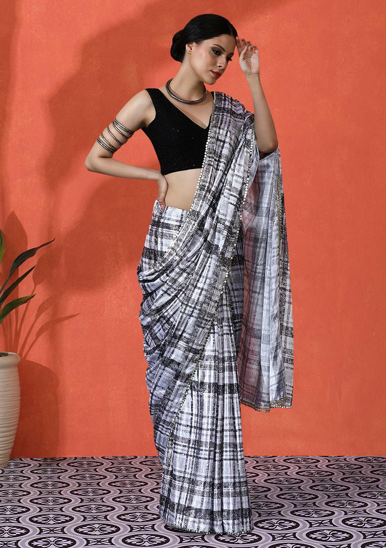 Off White Designer Digital Printed Chinon Saree Set