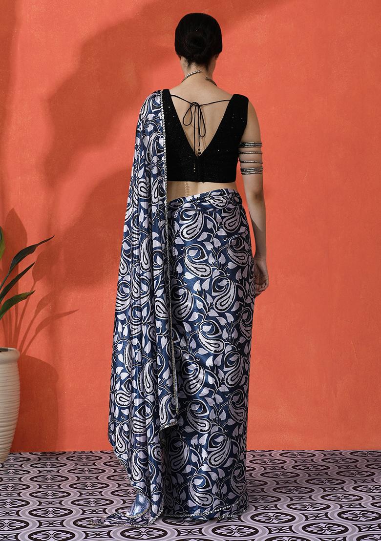 Blue Designer Digital Printed Chinon Saree Set