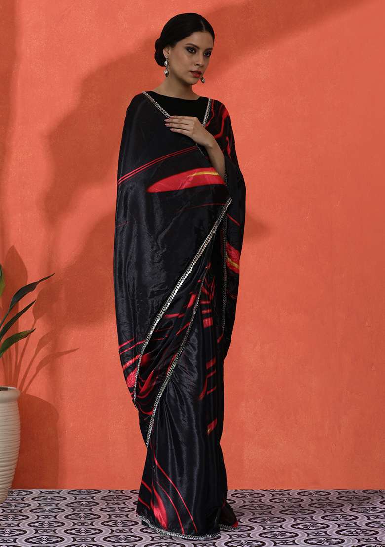 Black Designer Digital Printed Chinon Saree Set - Indya