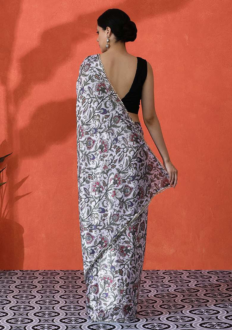 Off White Designer Digital Printed Chinon Saree Set - Indya