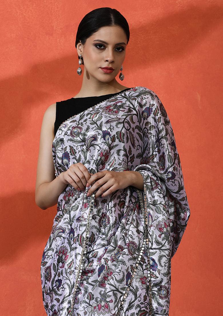 Off White Designer Digital Printed Chinon Saree Set