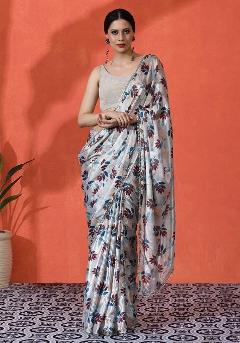 Off White Designer Digital Printed Chinon Saree Set