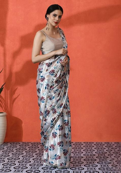 Off White Designer Digital Printed Chinon Saree Set