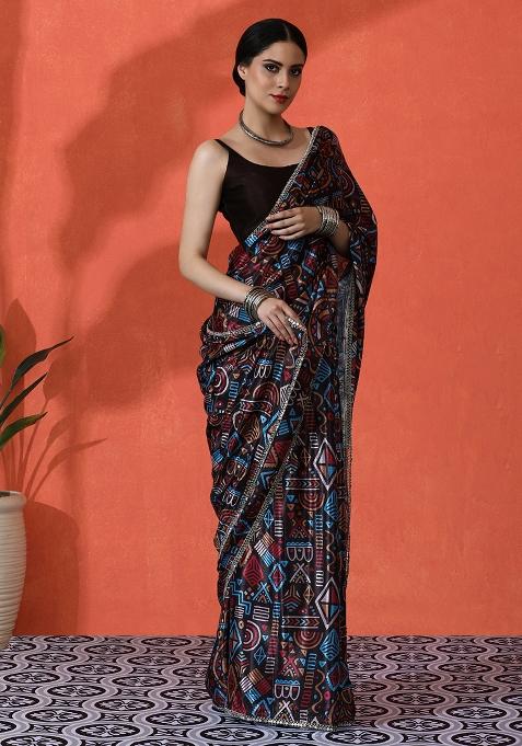 Multicolor Designer Digital Printed Chinon Saree Set