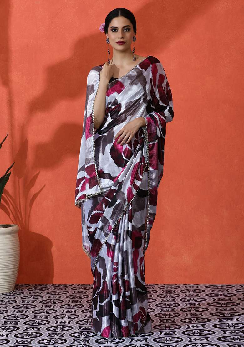 Off White Designer Digital Printed Chinon Saree Set - Indya