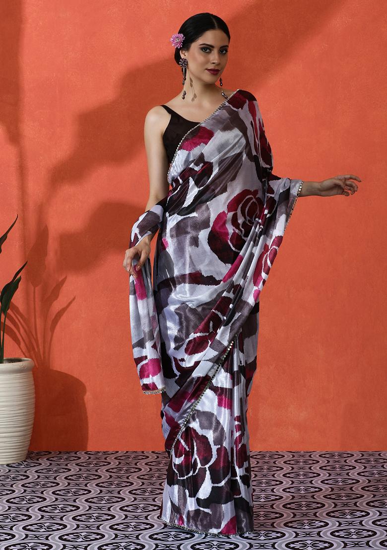 Off White Designer Digital Printed Chinon Saree Set