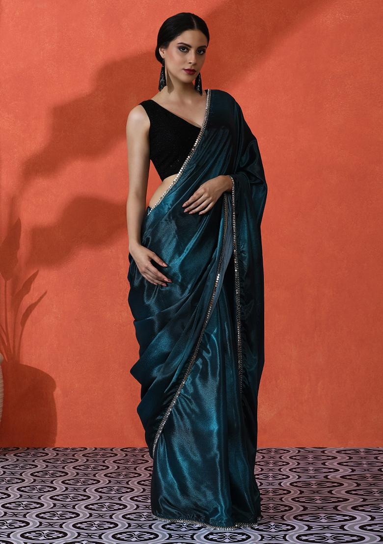 Teal Blue  Designer Digital Printed Chinon Saree Set