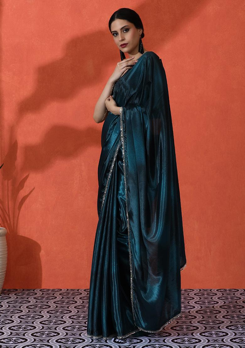 Teal Blue  Designer Digital Printed Chinon Saree Set