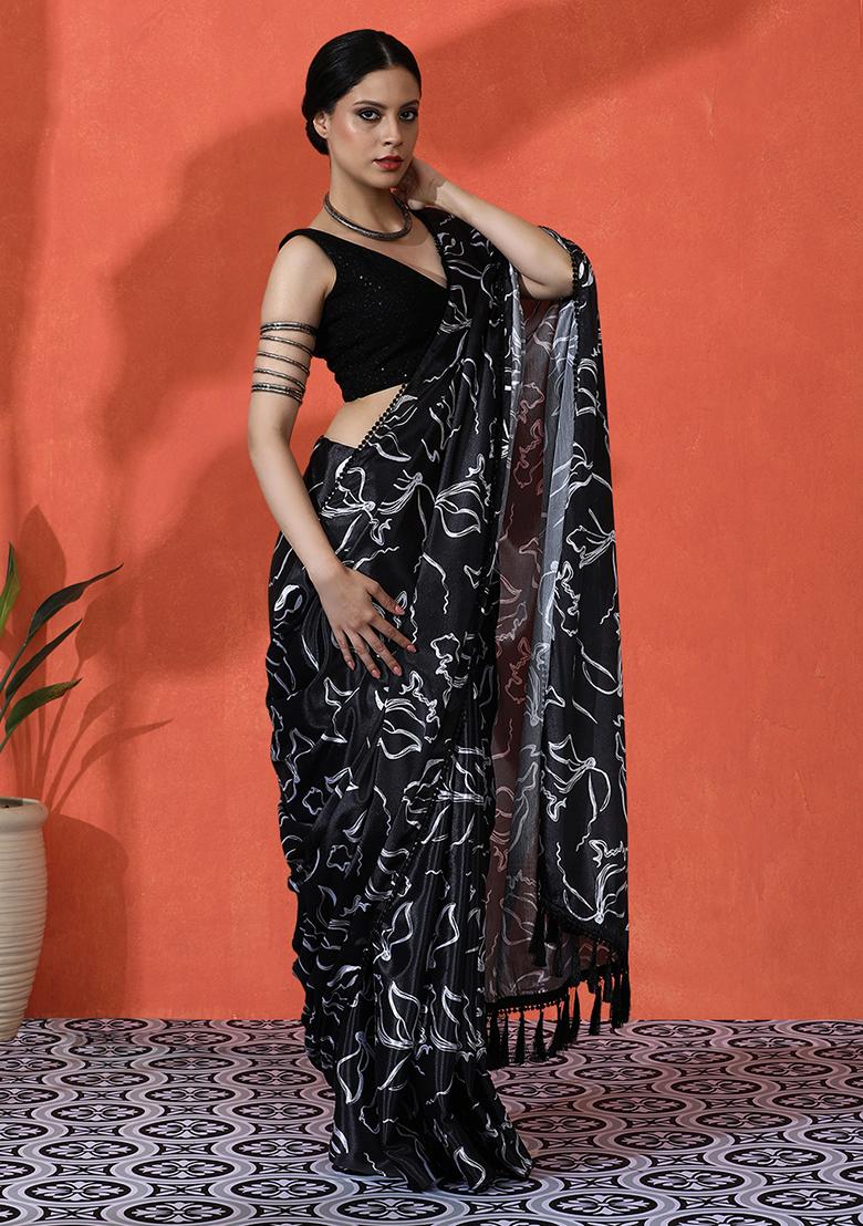 Black Designer Digital Printed Chinon Saree Set