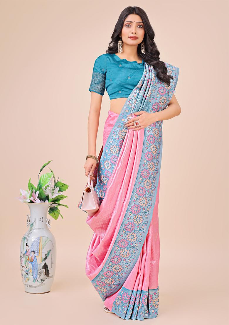 Pink Wevon Designer Lichi Silk Saree Set