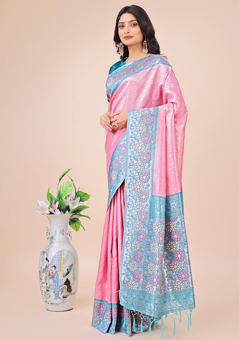 Pink Wevon Designer Lichi Silk Saree Set