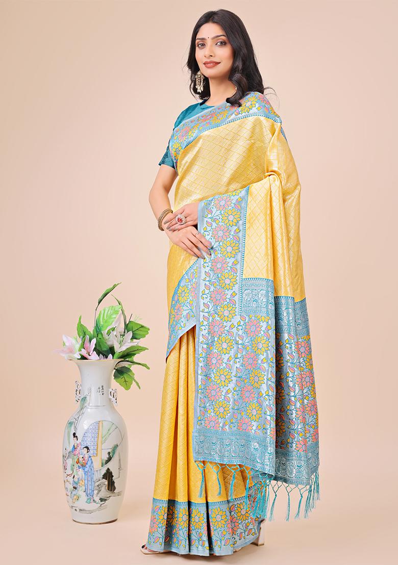 Yellow Wevon Designer Lichi Silk Saree Set
