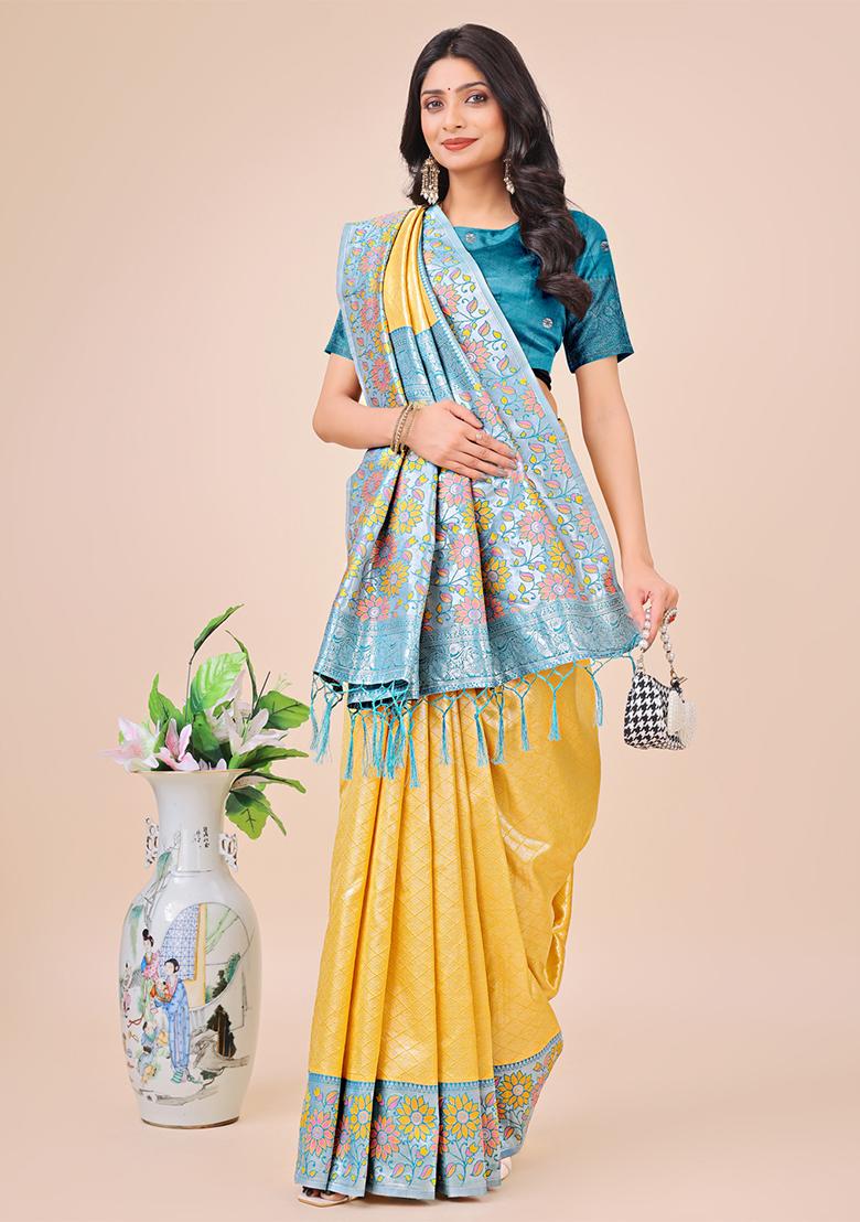 Yellow Wevon Designer Lichi Silk Saree Set
