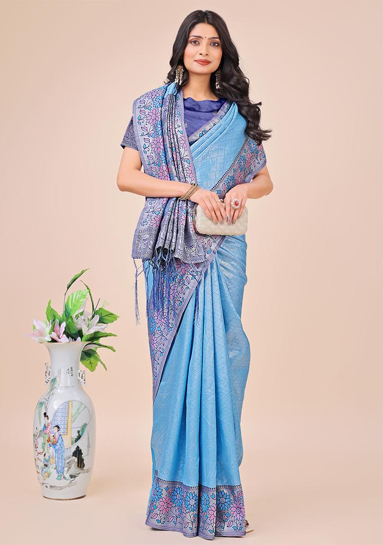 Sky Blue Wevon Designer Lichi Silk Saree Set