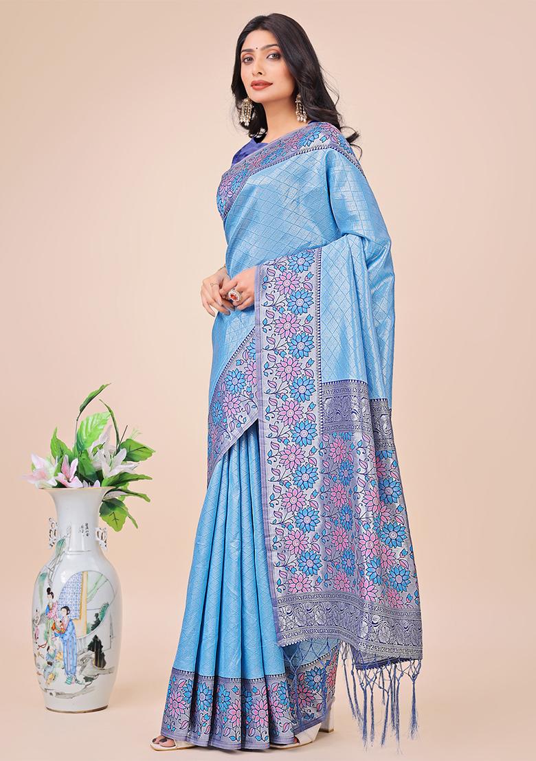 Sky Blue Wevon Designer Lichi Silk Saree Set
