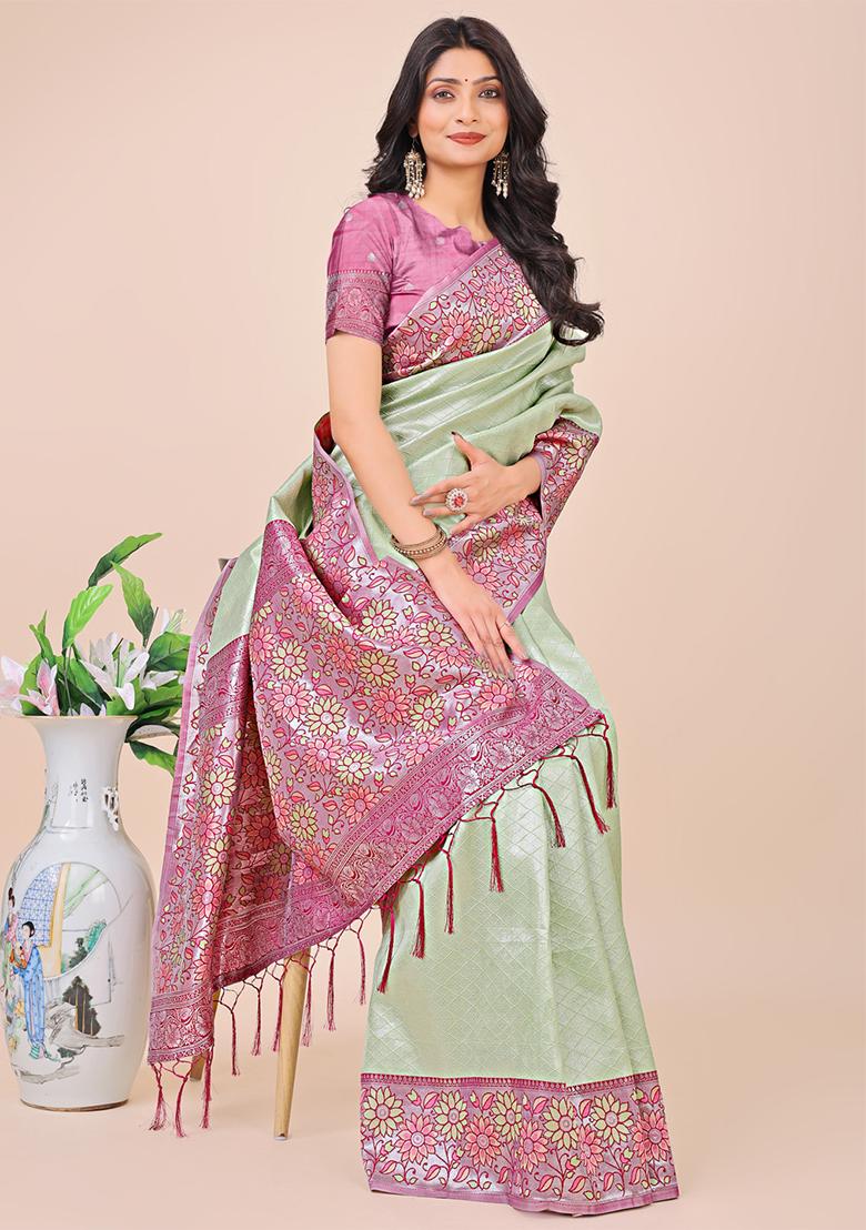 Olive Green Wevon Designer Lichi Silk Saree Set