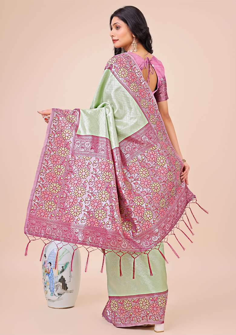 Olive Green Wevon Designer Lichi Silk Saree Set - Indya