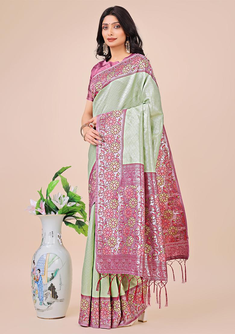 Olive Green Wevon Designer Lichi Silk Saree Set