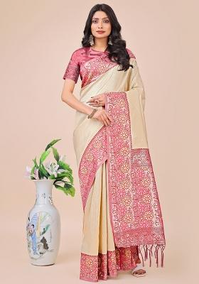 Cream Wevon Designer Lichi Silk Saree Set