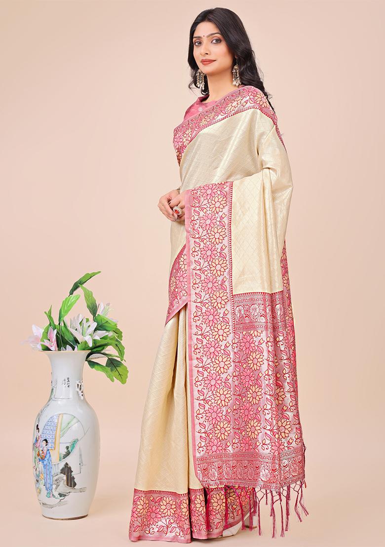 Cream Wevon Designer Lichi Silk Saree Set