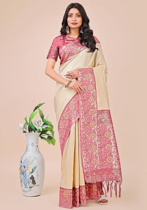 Cream Wevon Designer Lichi Silk Saree Set
