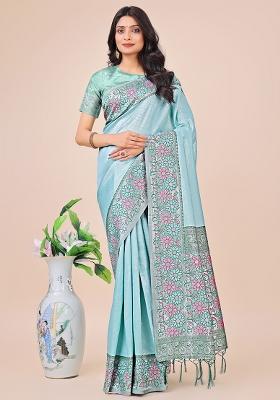 Teal Blue  Wevon Designer Lichi Silk Saree Set