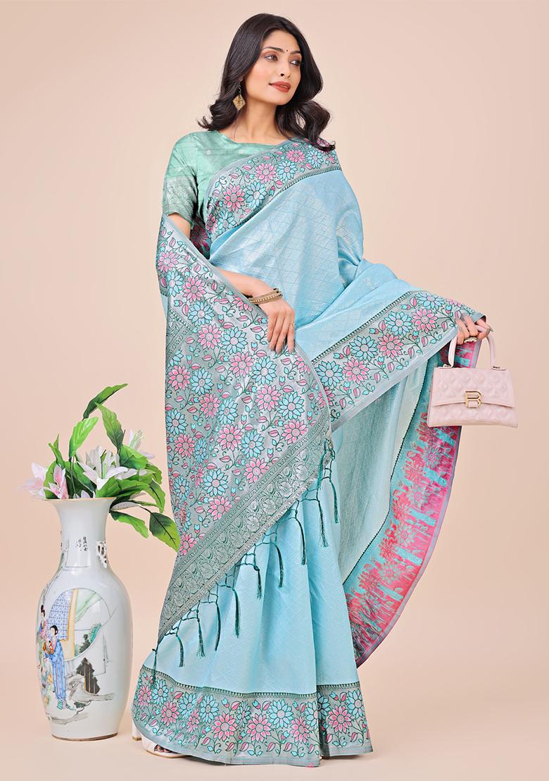 Teal Blue  Wevon Designer Lichi Silk Saree Set