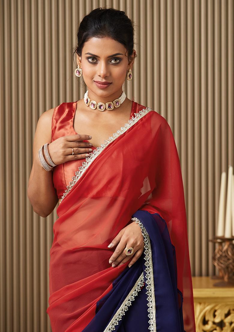 Navy Blue Fancy Designer  Chiffon Saree Set