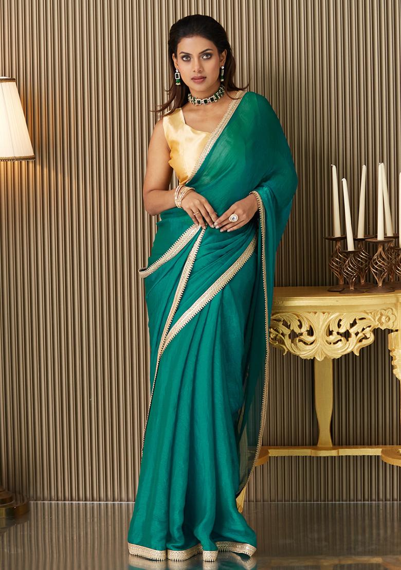 Rama Green Fancy Designer  Chiffon Saree Set