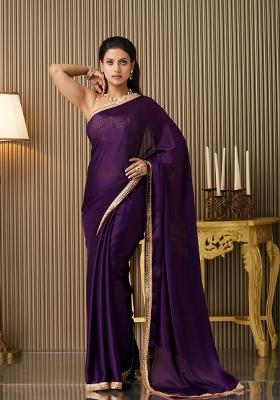 Purple Fancy Designer  Satin Saree Set
