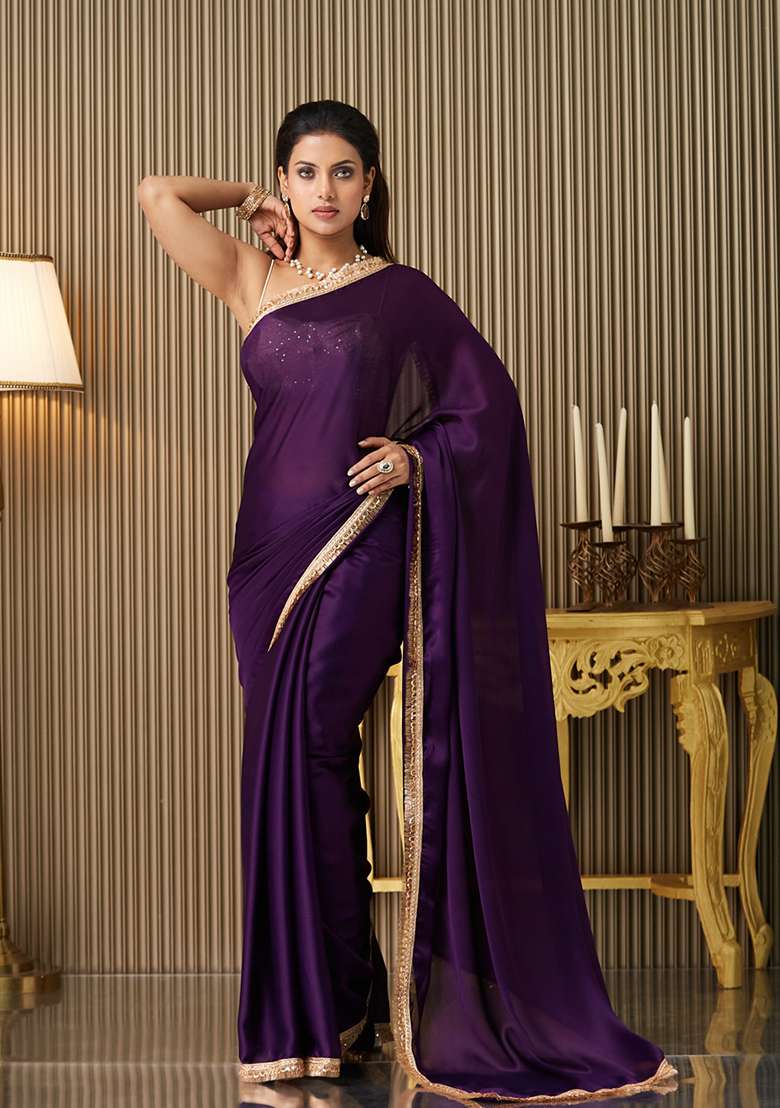 Purple Fancy Designer  Satin Saree Set - Indya