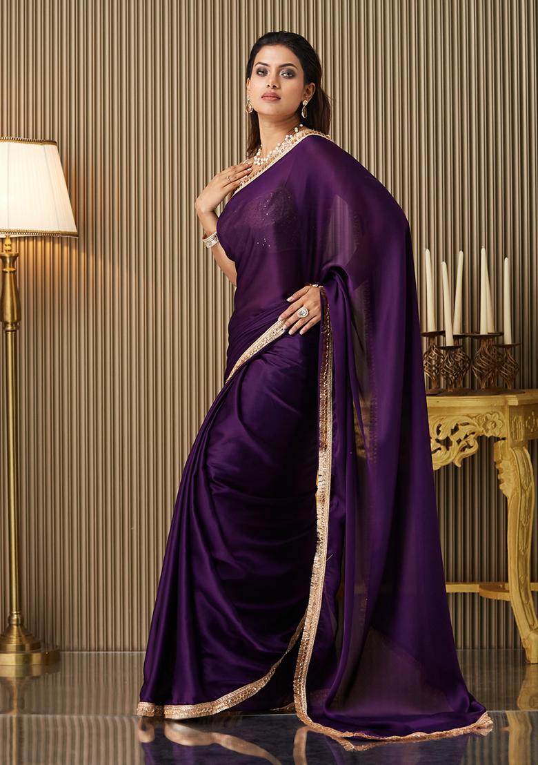 Purple Fancy Designer  Satin Saree Set