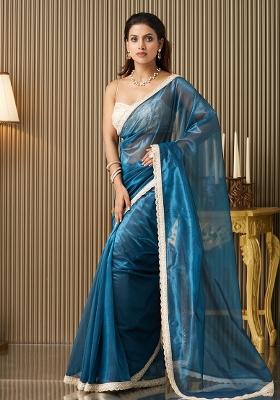 Blue Fancy Designer  Organza Saree Set