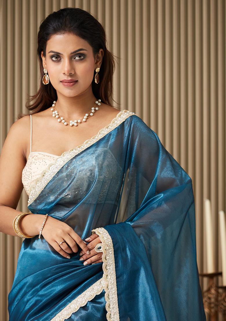 Blue Fancy Designer  Organza Saree Set