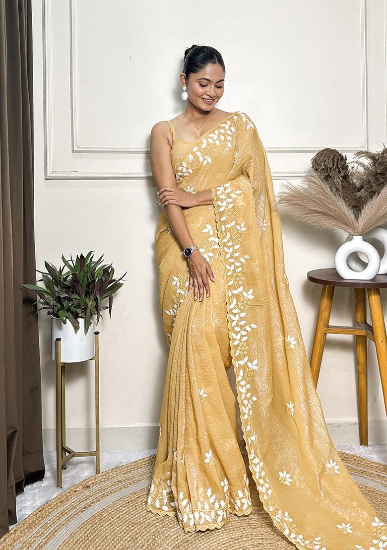 Yellow Thread Embroidery Work Crunchy Saree Set