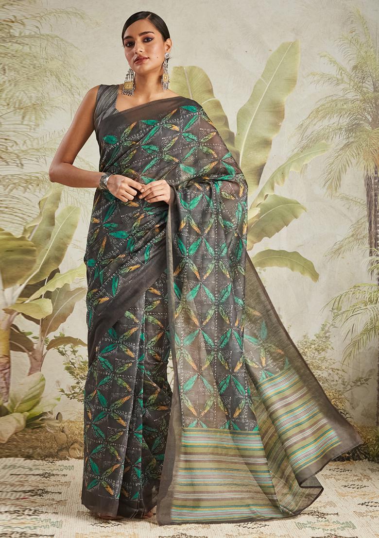 Black Designer Digital Printed Chanderi Cotton Pre Stitched Saree
