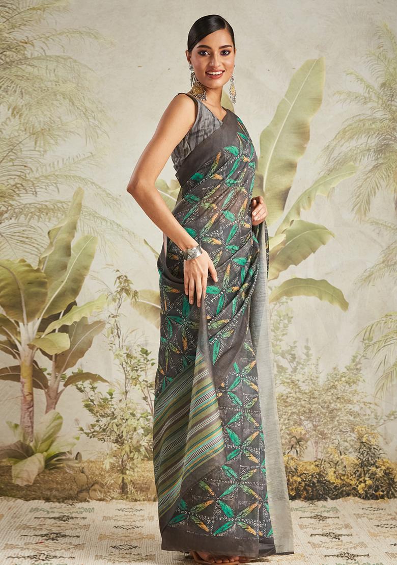 Black Designer Digital Printed Chanderi Cotton Pre Stitched Saree