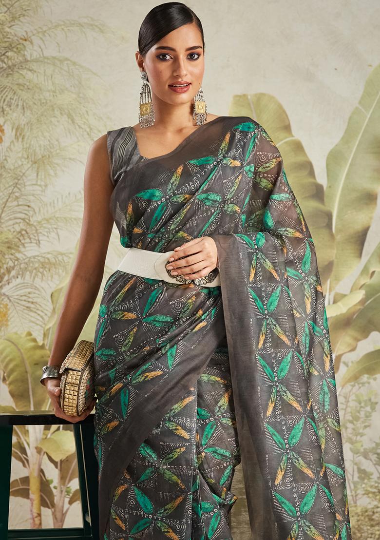 Black Designer Digital Printed Chanderi Cotton Pre Stitched Saree