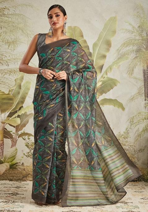Black Designer Digital Printed Chanderi Cotton Pre Stitched Saree