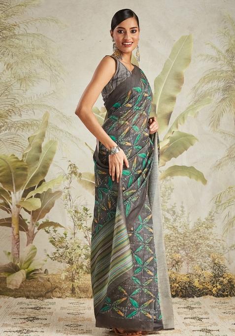 Black Designer Digital Printed Chanderi Cotton Pre Stitched Saree
