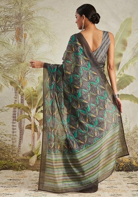 Black Designer Digital Printed Chanderi Cotton Pre Stitched Saree
