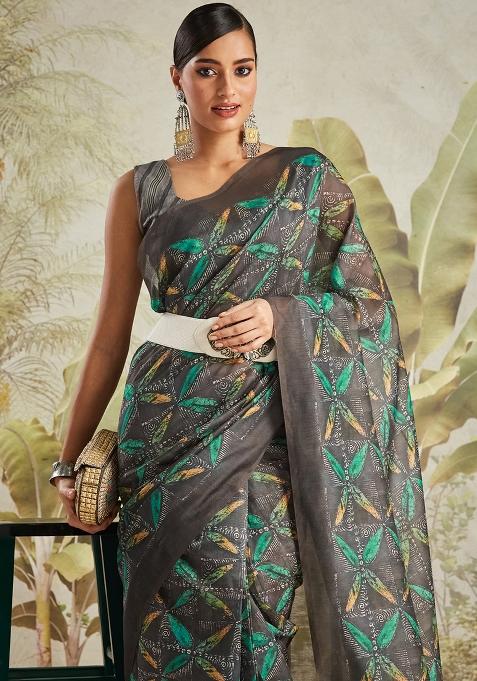 Black Designer Digital Printed Chanderi Cotton Pre Stitched Saree