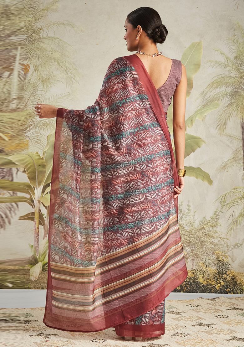 Maroon Designer Digital Printed Chanderi Cotton Pre Stitched Saree